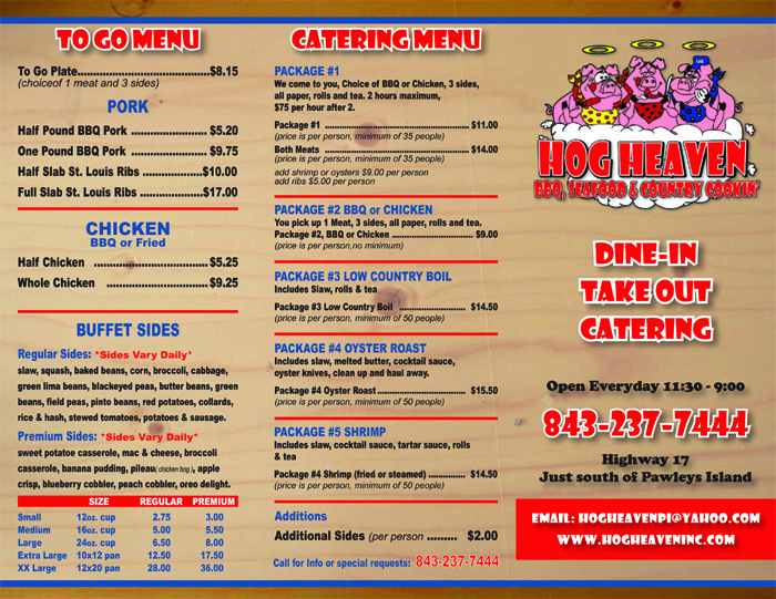 Hog Heaven Restaurant,menu, located in Pawleys Island SC, offering